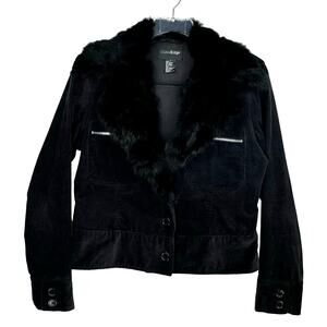 OUTEREDGE Black Corduroy Rabbit Fur Lapel Button Up Jacket Women's Large Vintage